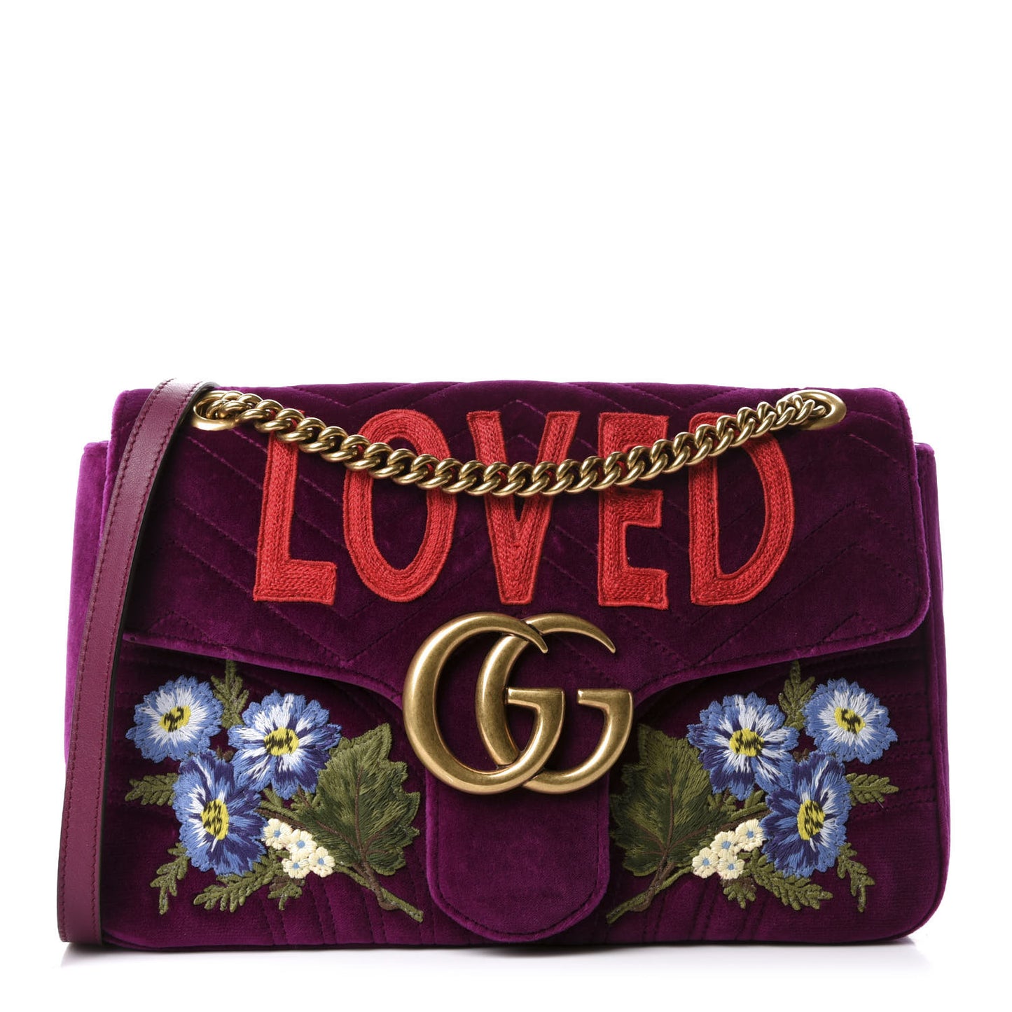 Velvet Matelasse Loved Embroidered Medium GG Marmont Shoulder Bag Fuchsia Violet Cyclamen