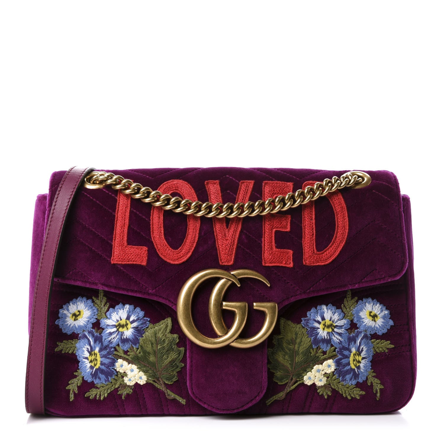Gucci Velvet Matelasse Loved Embroidered Medium GG Marmont Shoulder Bag Fuchsia Violet Cyclamen 1 of 10