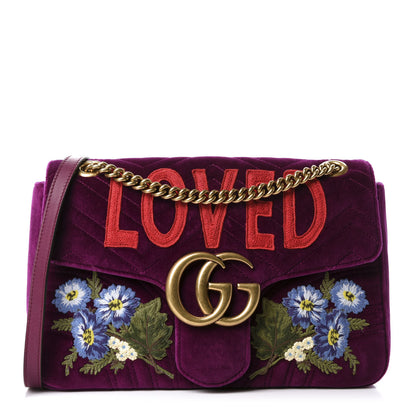 Gucci Velvet Matelasse Loved Embroidered Medium GG Marmont Shoulder Bag Fuchsia Violet Cyclamen 1 of 10