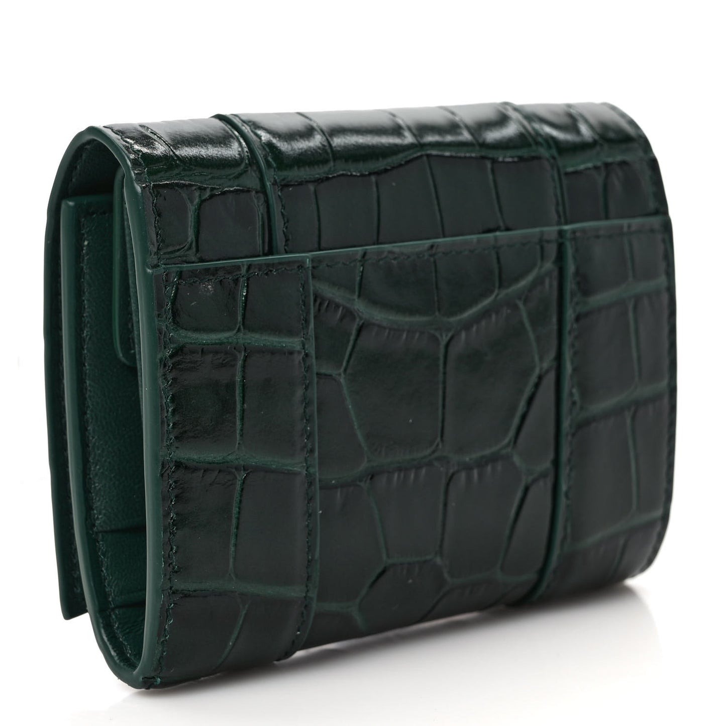 Shiny Calfskin Crocodile Embossed Hourglass Compact Wallet Forest Green