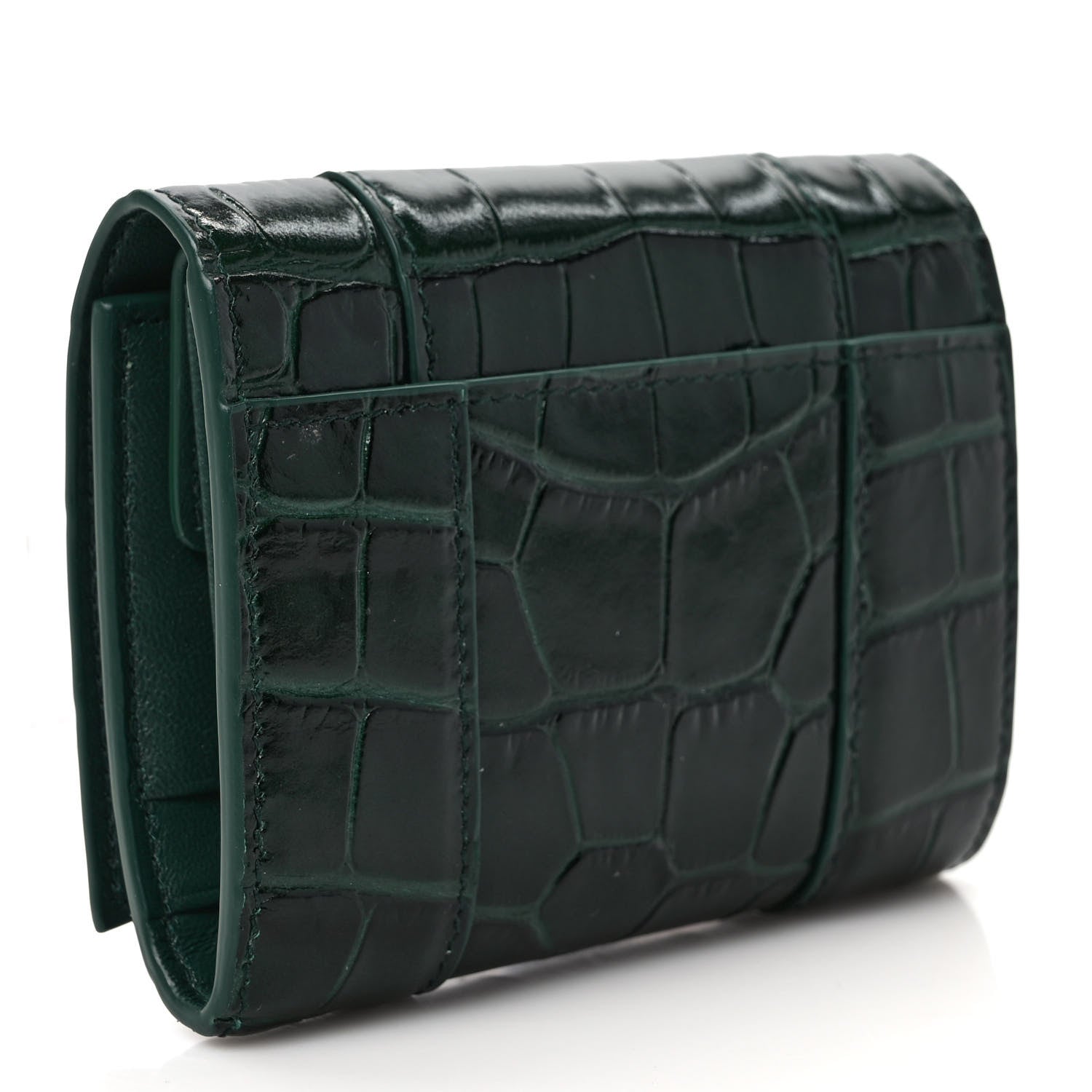 Balenciaga Shiny Calfskin Crocodile Embossed Hourglass Compact Wallet Forest Green 3 of 7