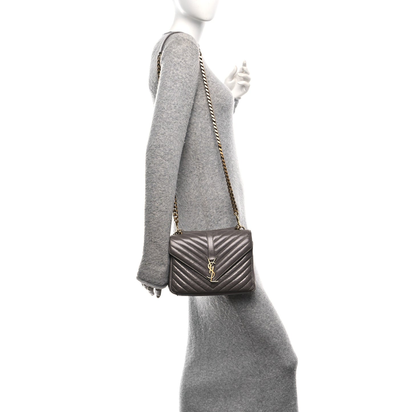 Waxed Calfskin Matelasse Chevron Medium Monogram College Bag Fog Gray