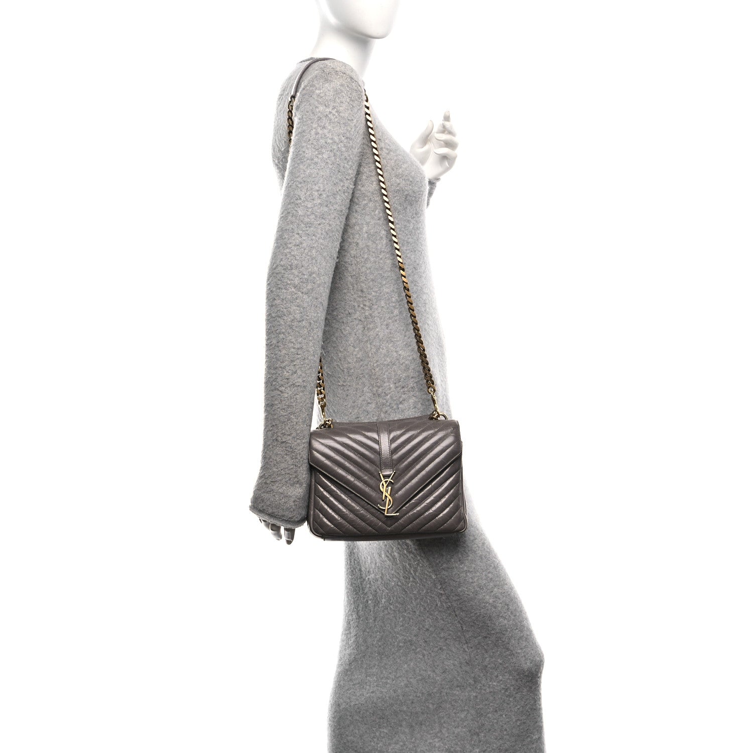 Saint Laurent Waxed Calfskin Matelasse Chevron Medium Monogram College Bag Fog Gray 2 of 10