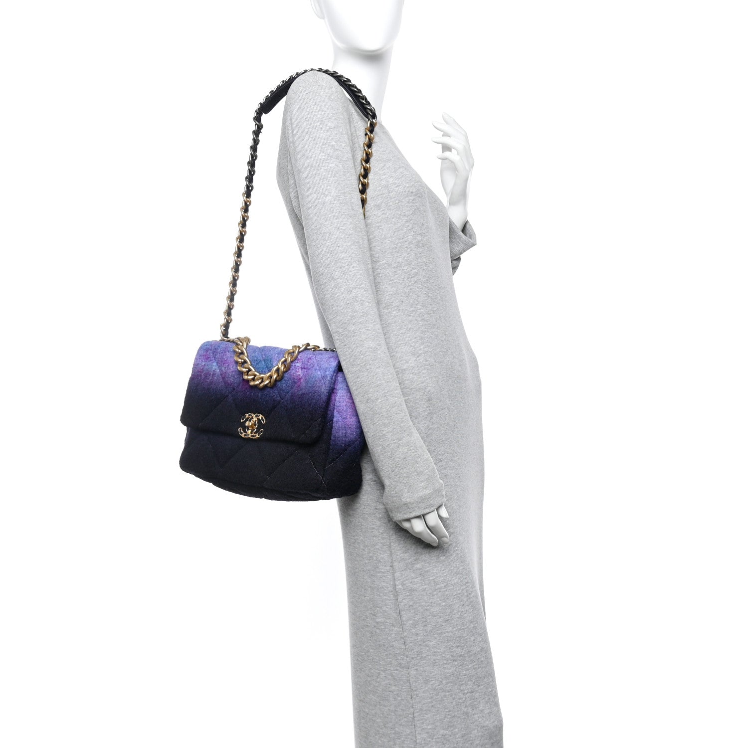 Chanel Wool Tweed Quilted Large Chanel 19 Flap Purple Black Blue 2 of 11