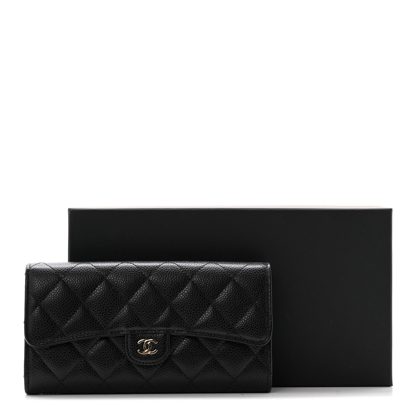Caviar Quilted Large Gusset Flap Wallet Black