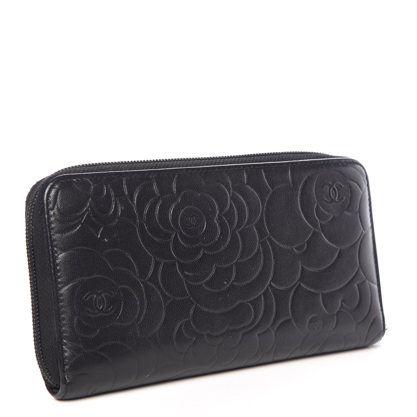 Lambskin Camellia Embossed Large Zip Around Gusset Wallet Black