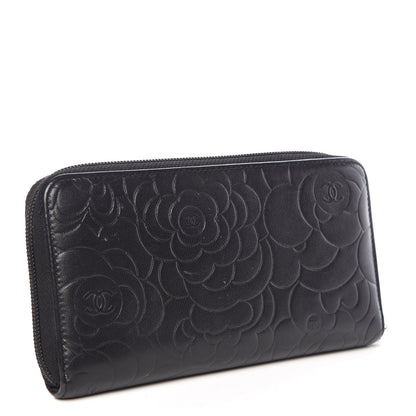 Chanel Lambskin Camellia Embossed Large Zip Around Gusset Wallet Black 3 of 12