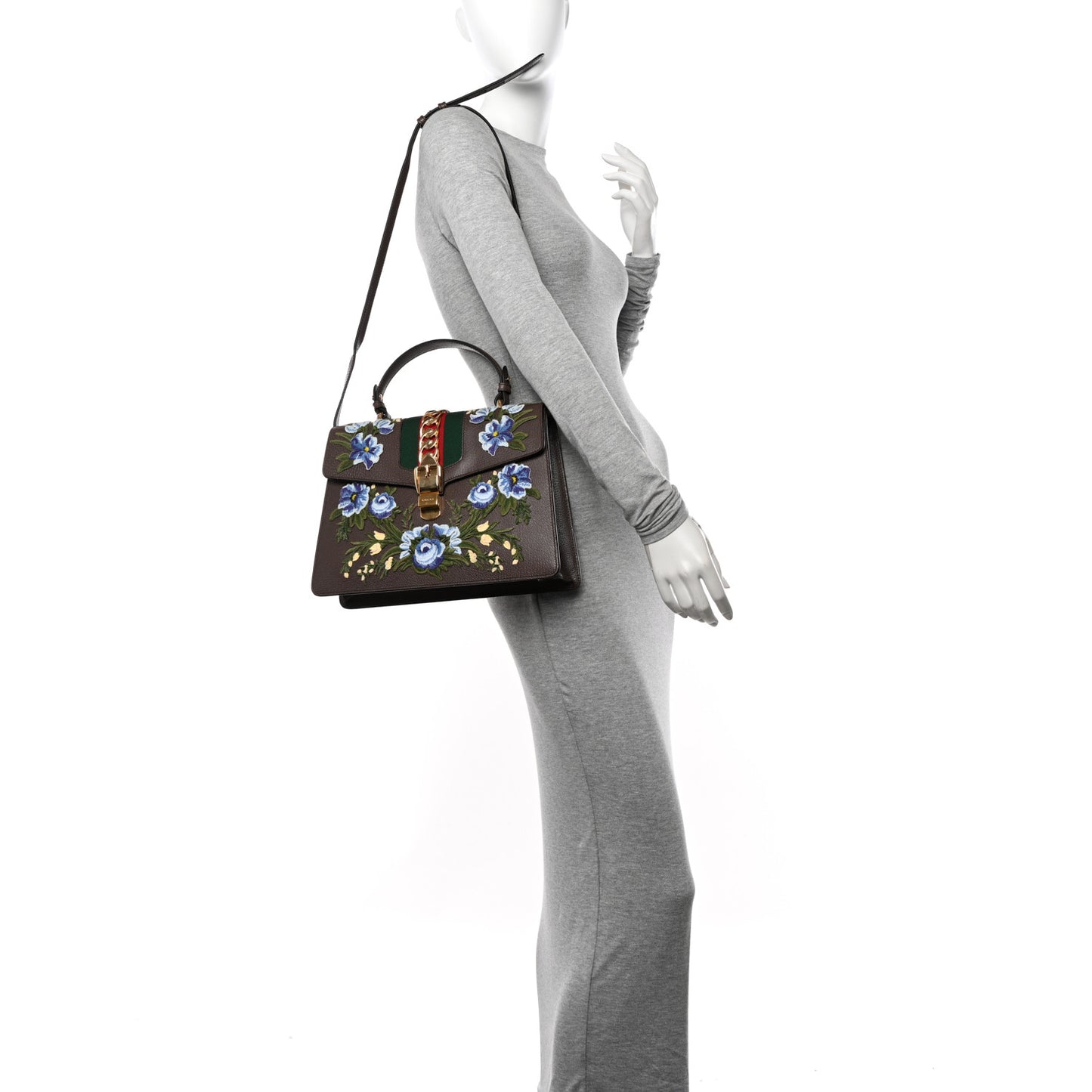 Calfskin Embroidered Medium Sylvie Top Handle Bag New Acero Multicolor