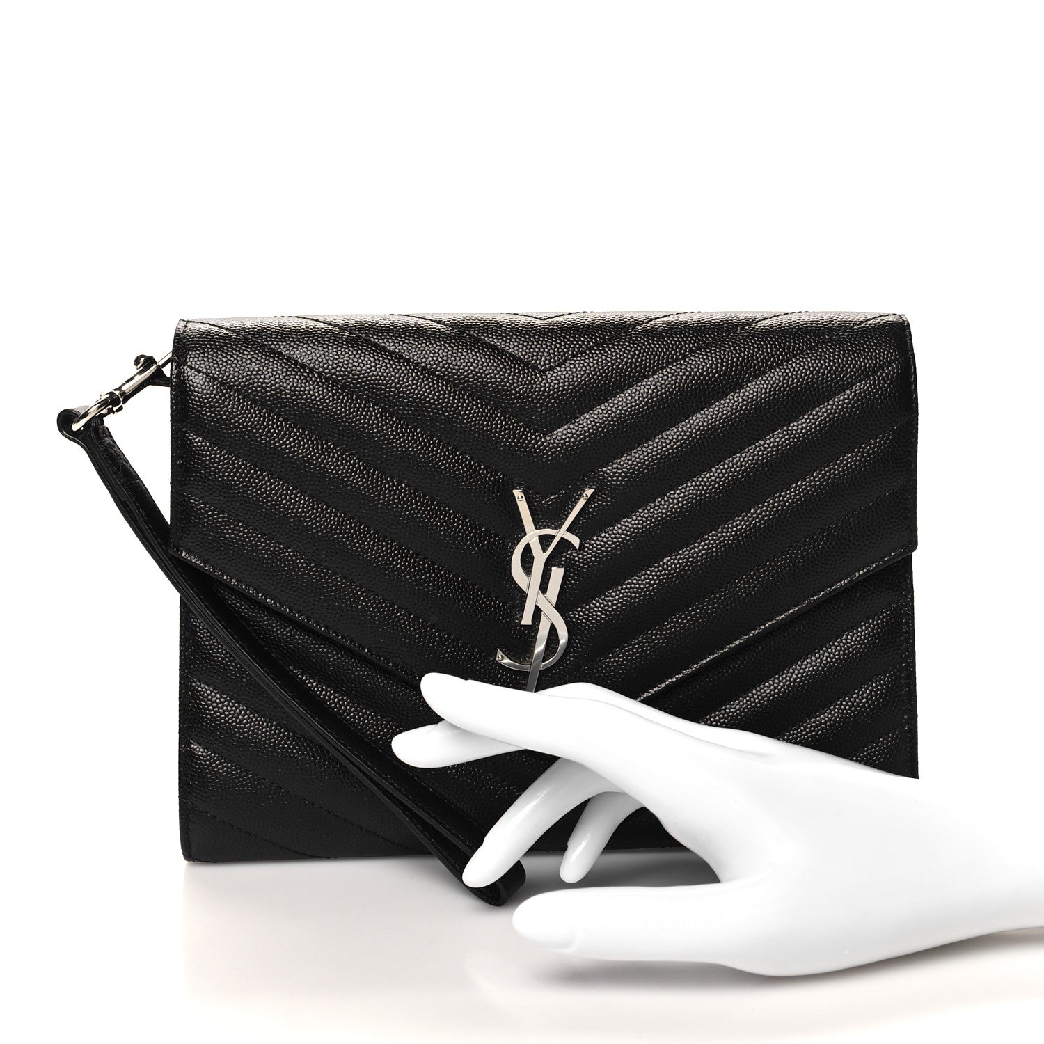 Saint Laurent Grain De Poudre Matelasse Chevron Monogram Envelope Clutch Black 2 of 11
