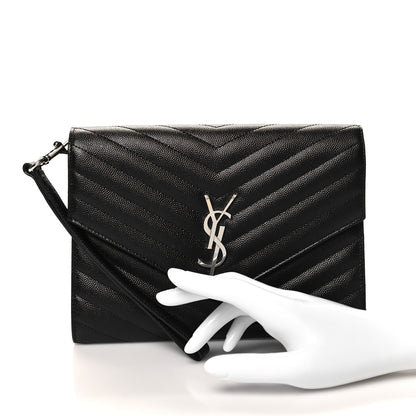 Saint Laurent Grain De Poudre Matelasse Chevron Monogram Envelope Clutch Black 2 of 11