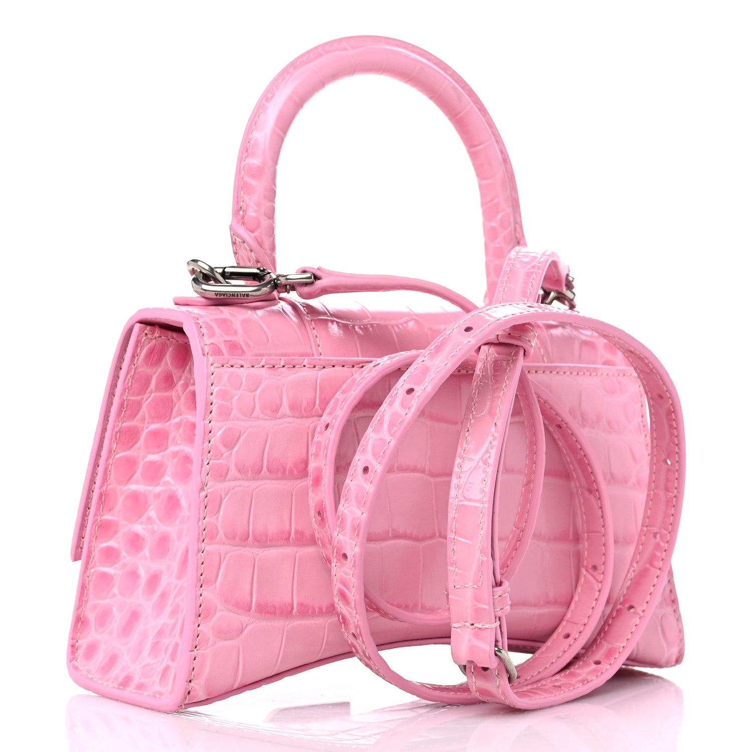 Balenciaga Shiny Calfskin Crocodile Embossed Hourglass Top Handle Bag XS Pink 3 of 9