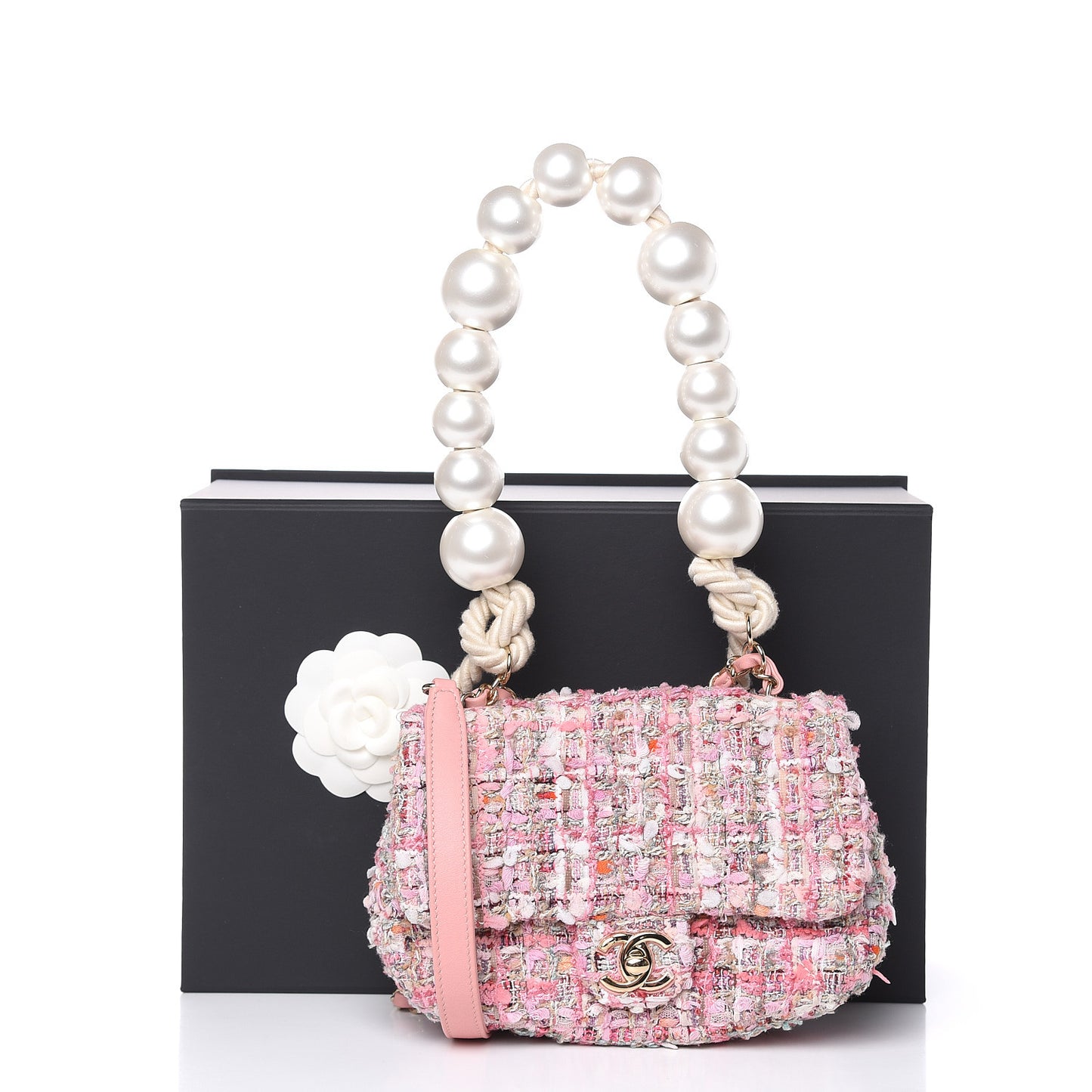 Tweed Mini Pearl Handle Flap Pink Beige Orange Ecru