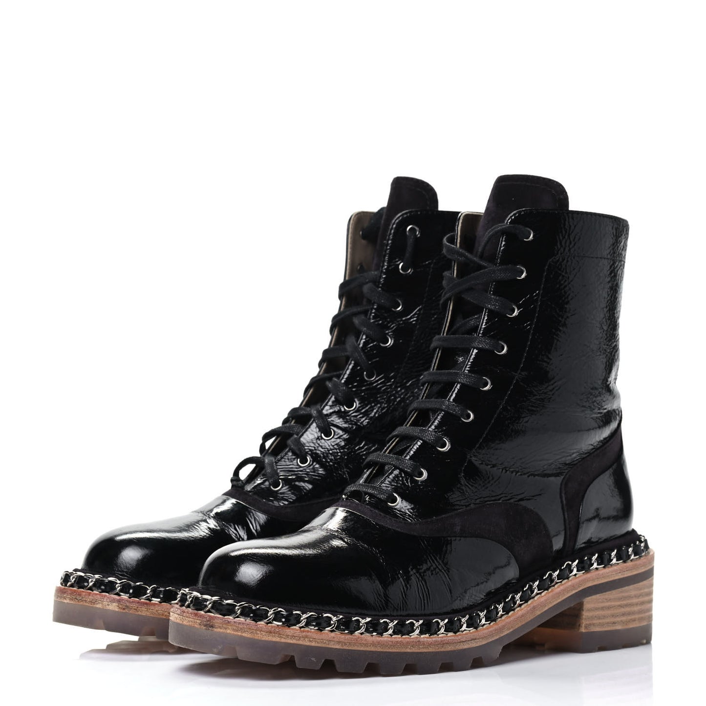 Patent Lace Up Chain Boots 37 Black