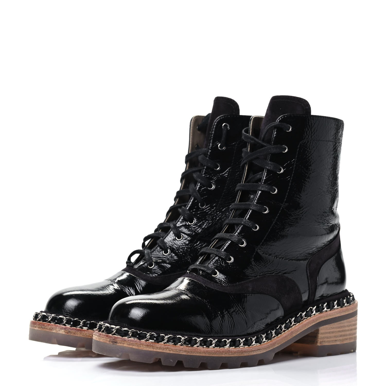 Chanel Patent Lace Up Chain Boots 37 Black 1 of 5