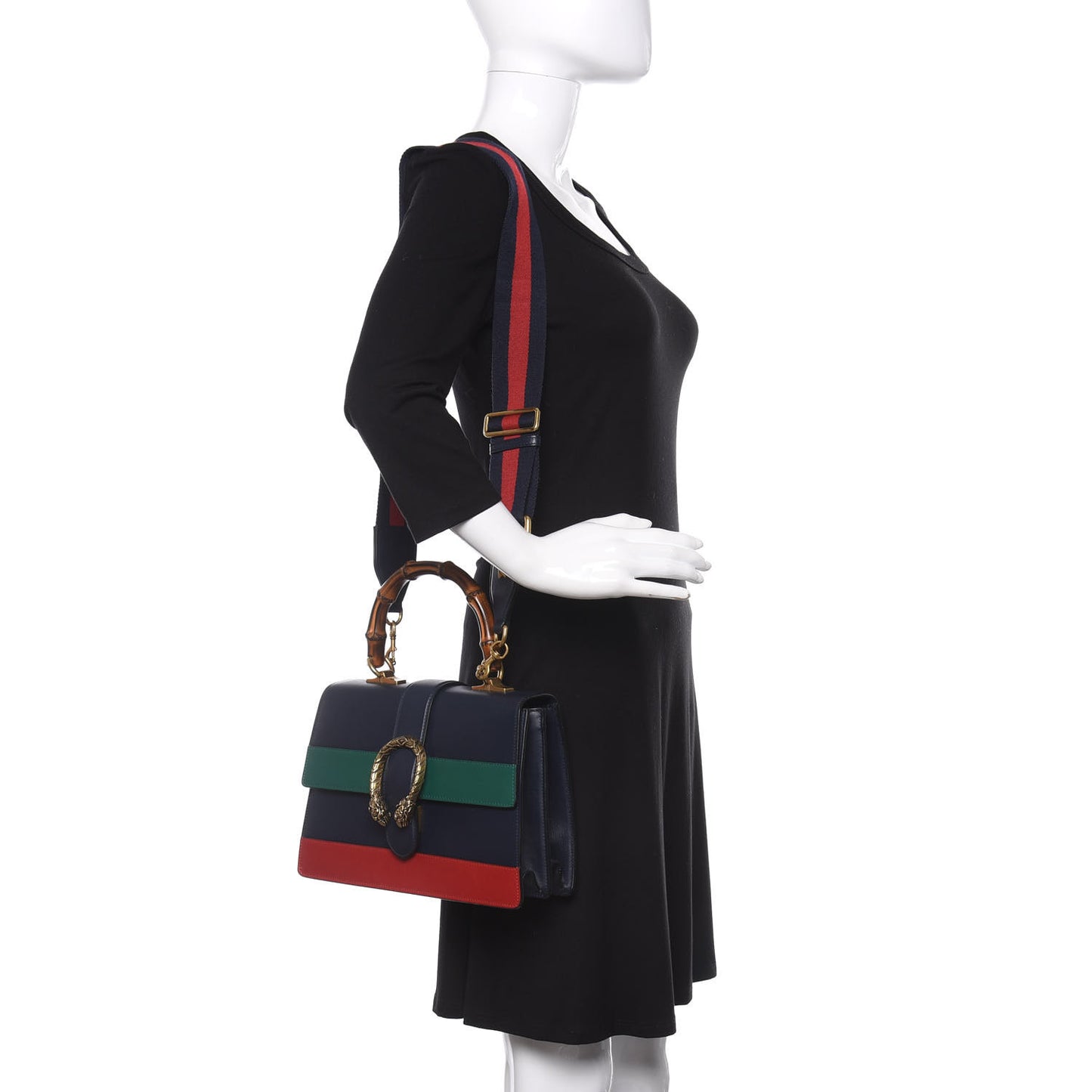 Moon Calfskin Bamboo Web Medium Dionysus Top Handle Bag Blue Emerald Hibiscus Red