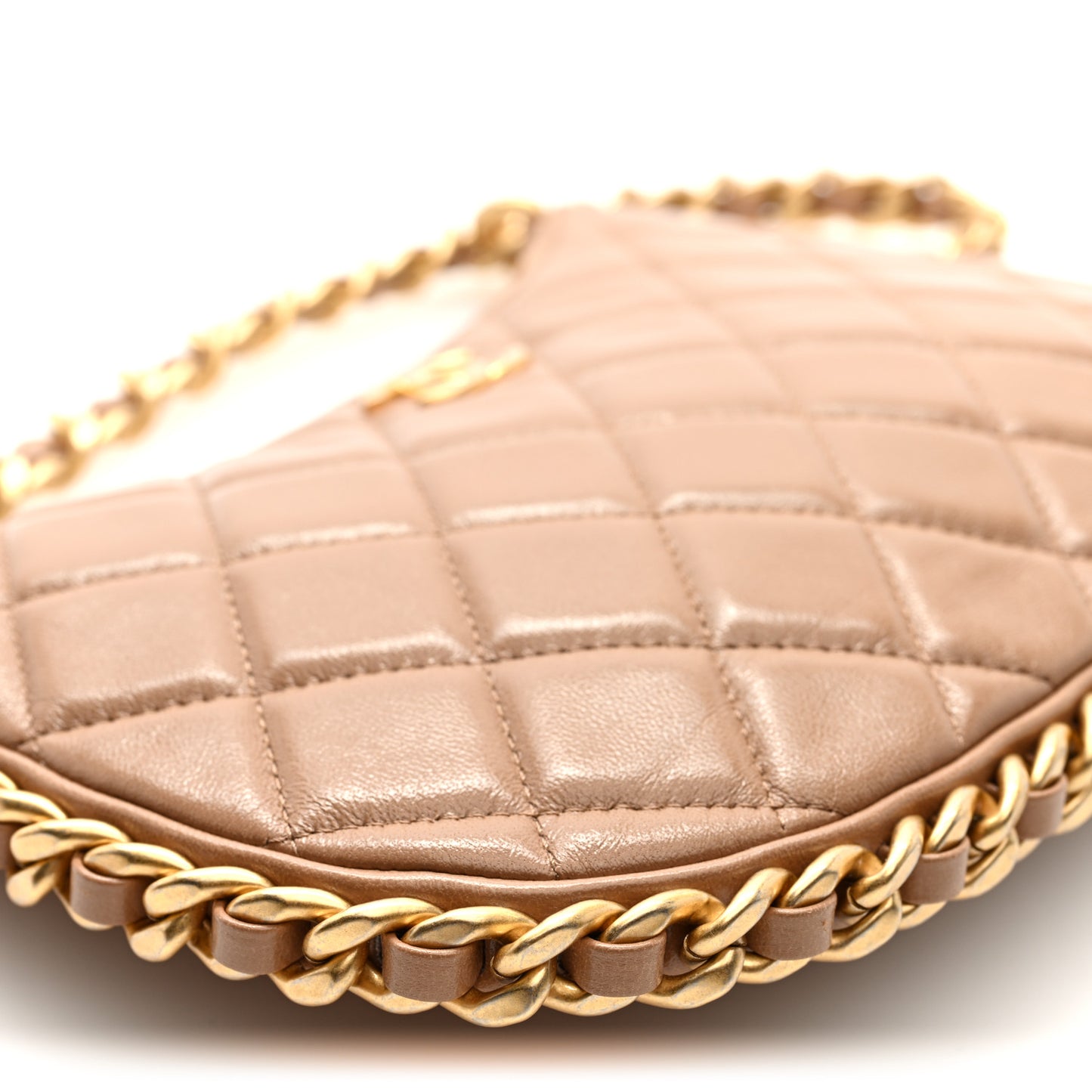 Shiny Crumpled Lambskin Quilted Trendy Chain Around Hobo Dark Beige