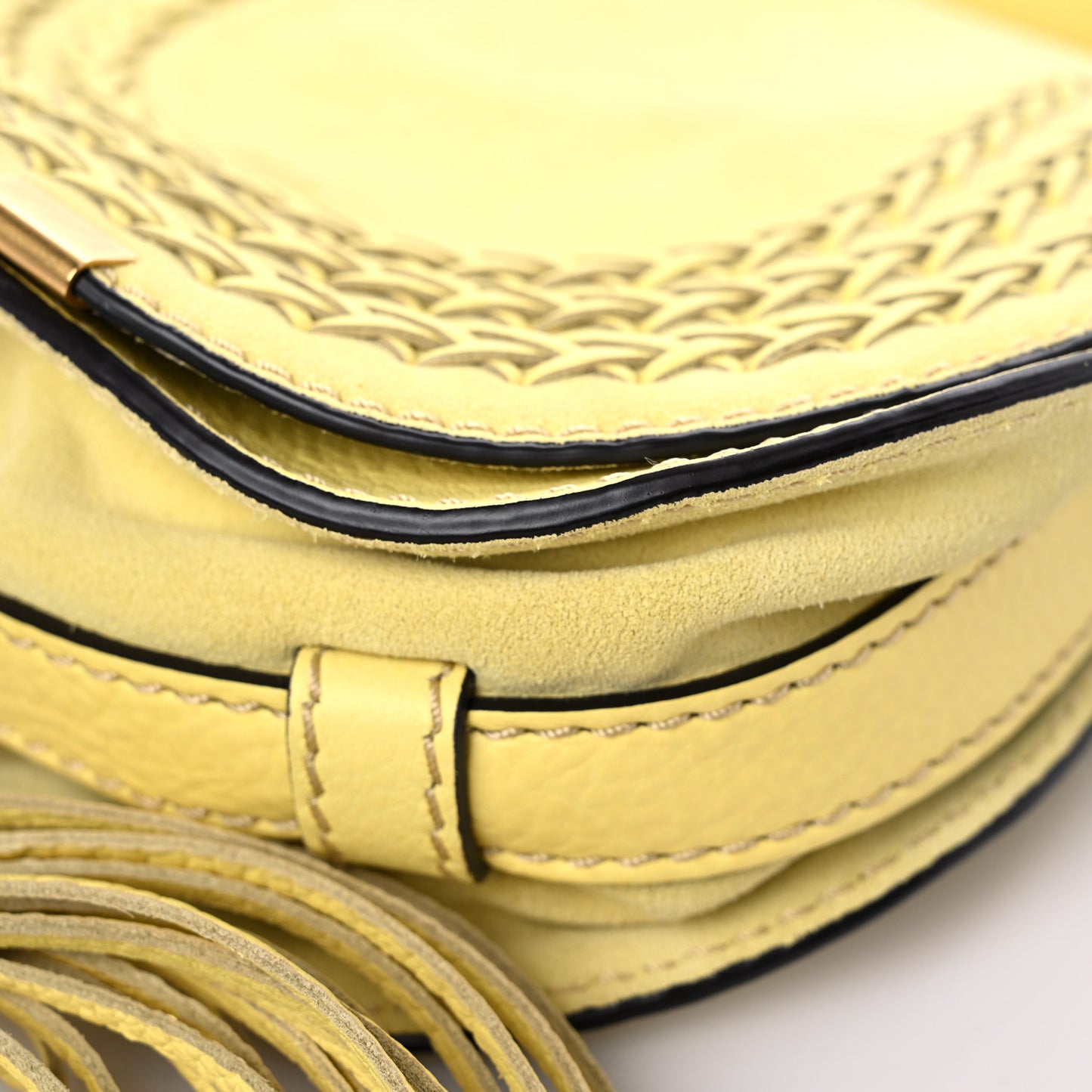 Suede Calfskin Braided Mini Marcie Round Crossbody Bag Yellow