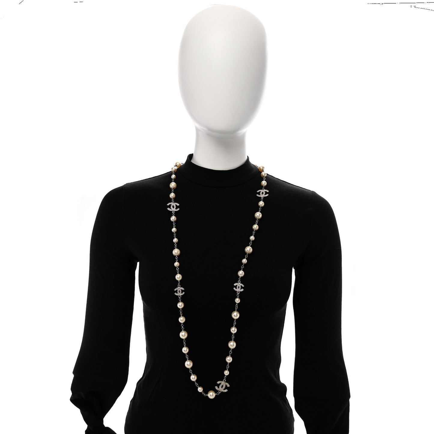 Graduated Pearl Crystal CC Long Necklace Silver