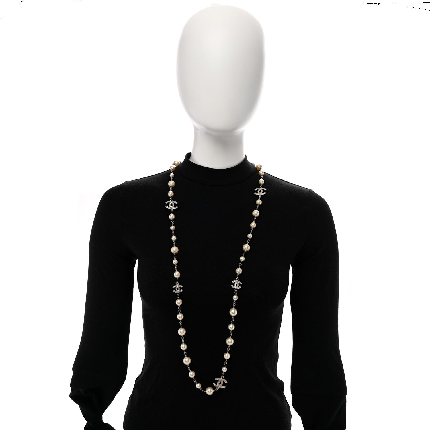 Chanel Graduated Pearl Crystal CC Long Necklace Silver 2 of 7