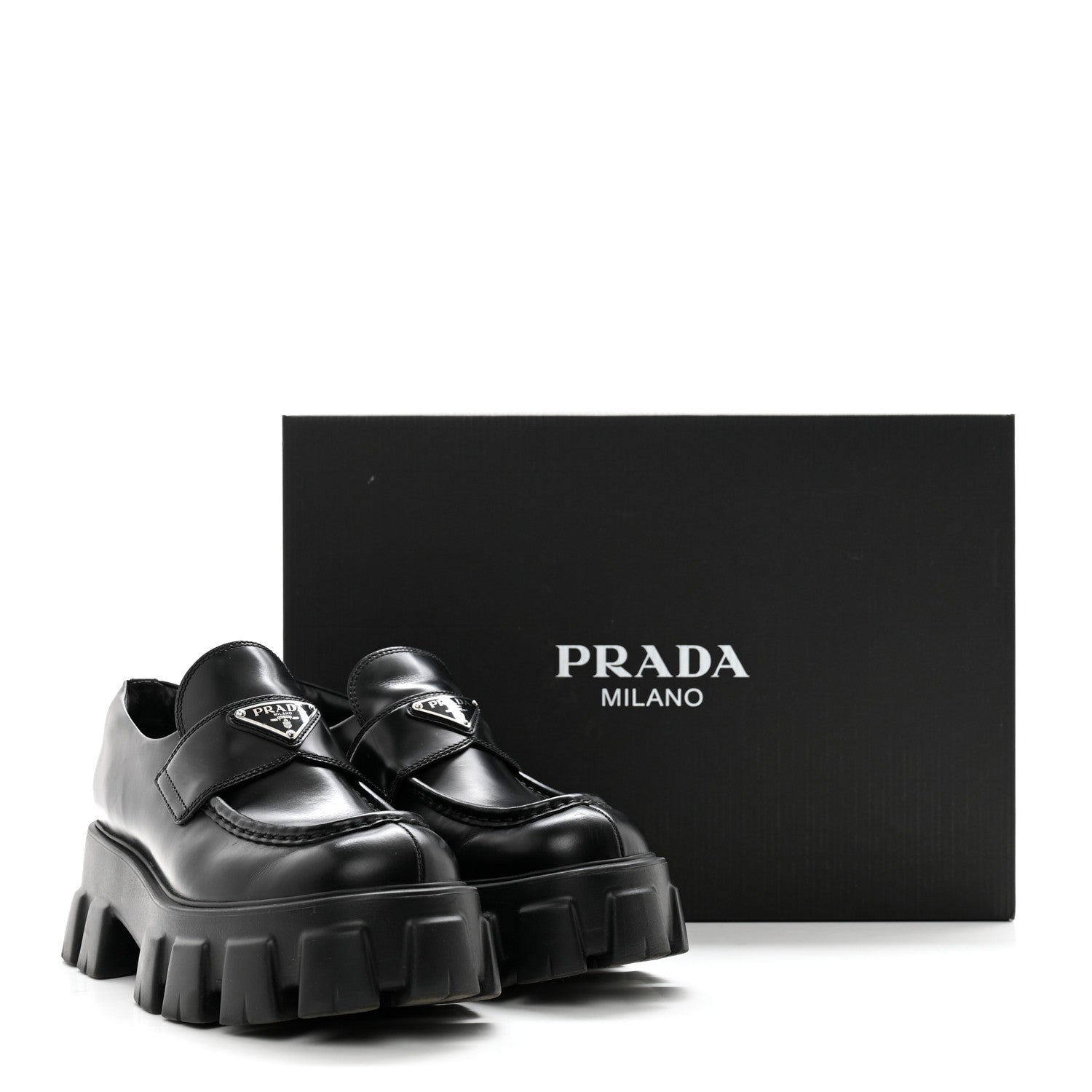 Prada Spazzolato Rois Metal Triangle Logo Monolith 55mm Loafers 38.5 Black 10 of 10
