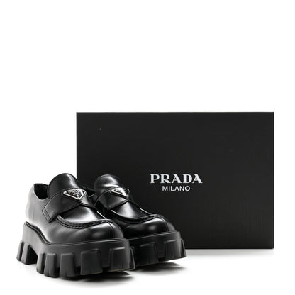 Prada Spazzolato Rois Metal Triangle Logo Monolith 55mm Loafers 38.5 Black 10 of 10
