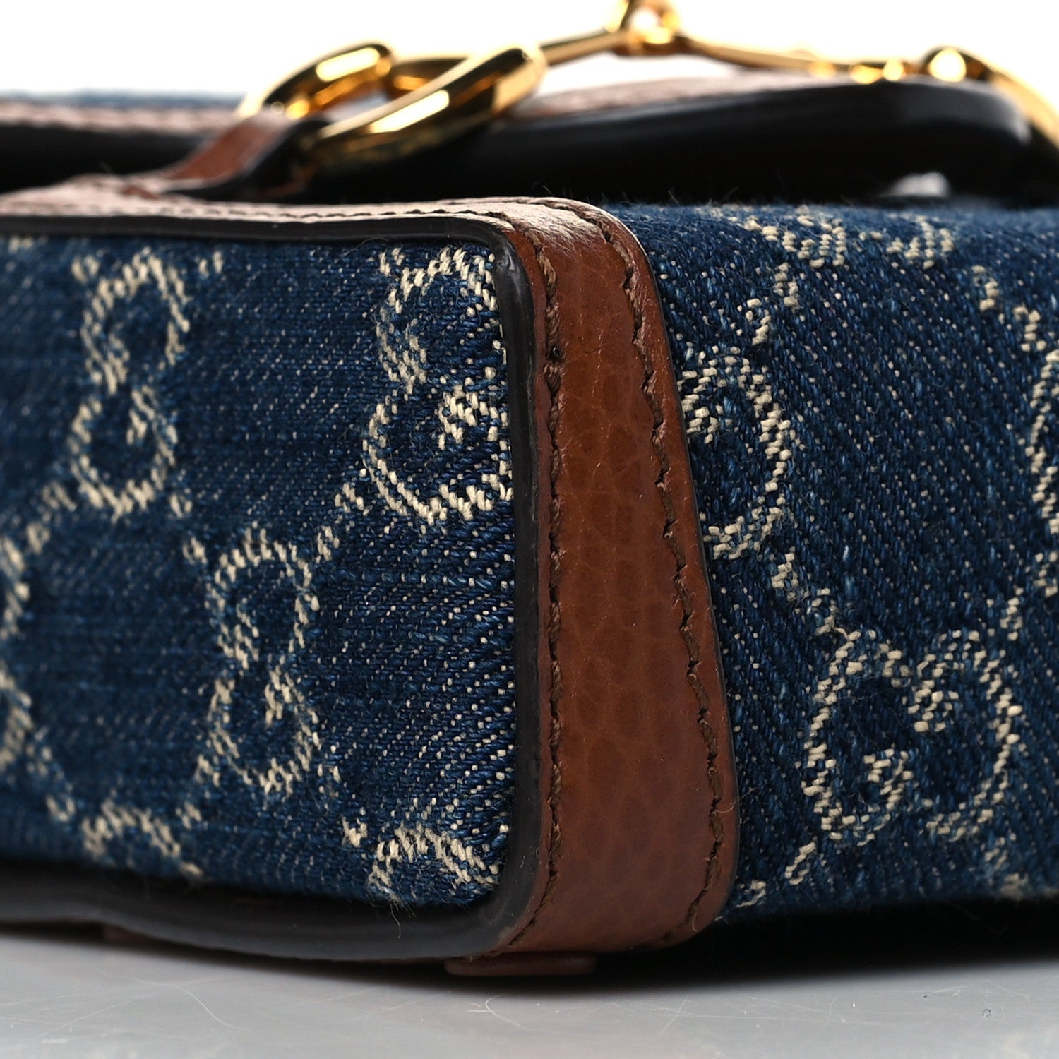 Gucci New Denim GG Monogram Dollar Calfskin Mini Horsebit 1955 Crossbody Bag Blue Tea Cuir Epilog 9 of 11