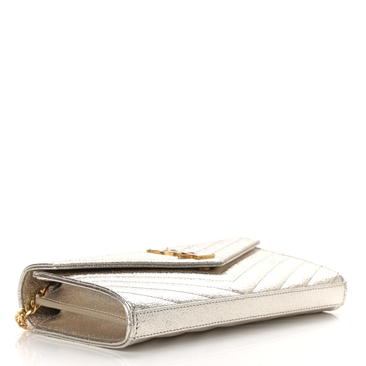 Saint Laurent Metallic Grain De Poudre Matelasse Chevron Monogram Chain Wallet Gold 4 of 15