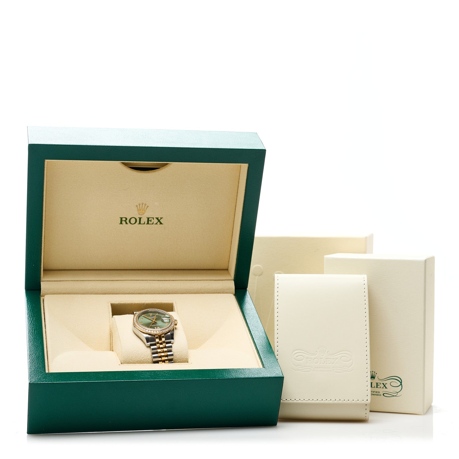 Rolex Stainless Steel 18K Yellow Gold Diamond Bezel 31mm Oyster Perpetual Datejust Watch Olive Green Roman 178383 5 of 5