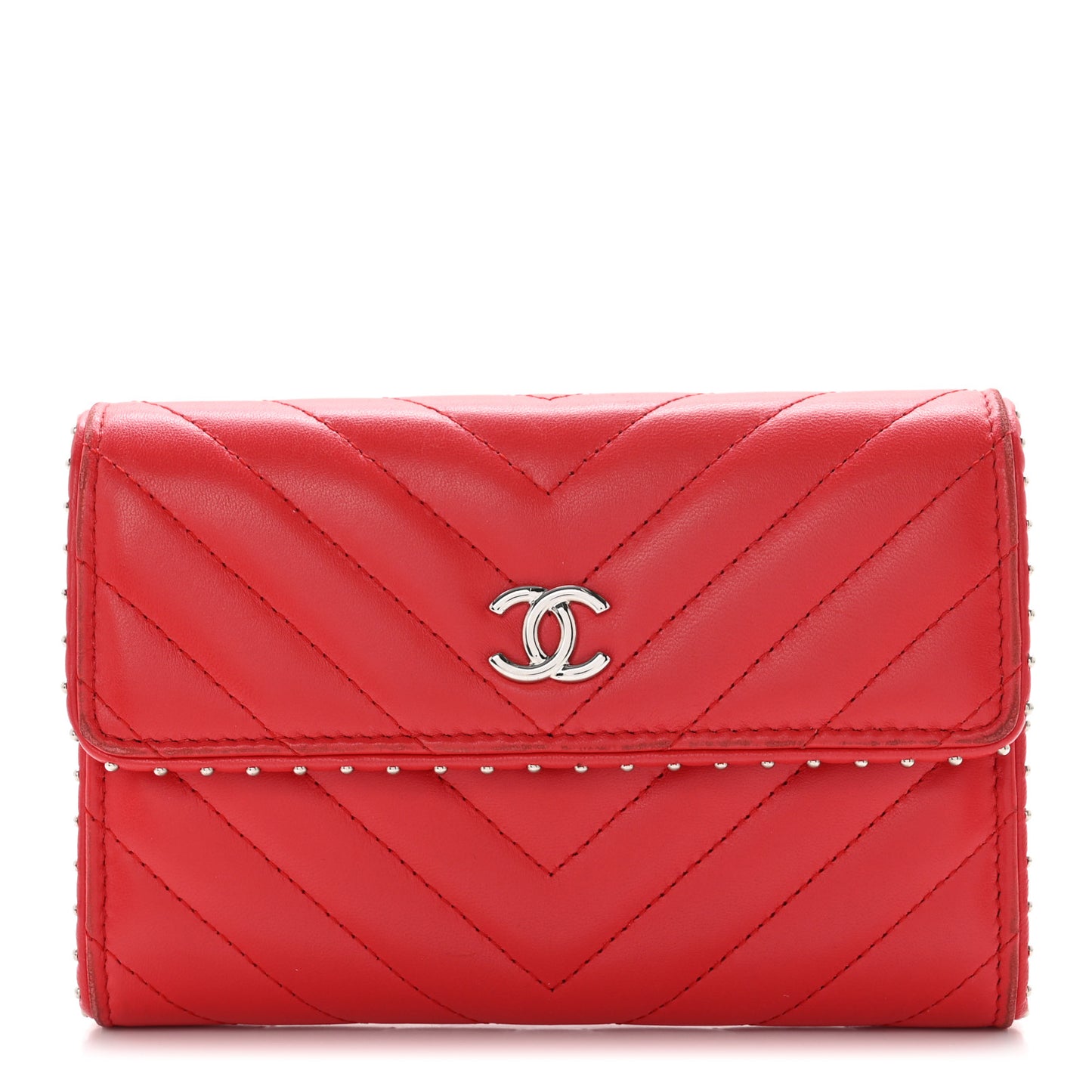 Lambskin Chevron Quilted Studded Card Holder Red
