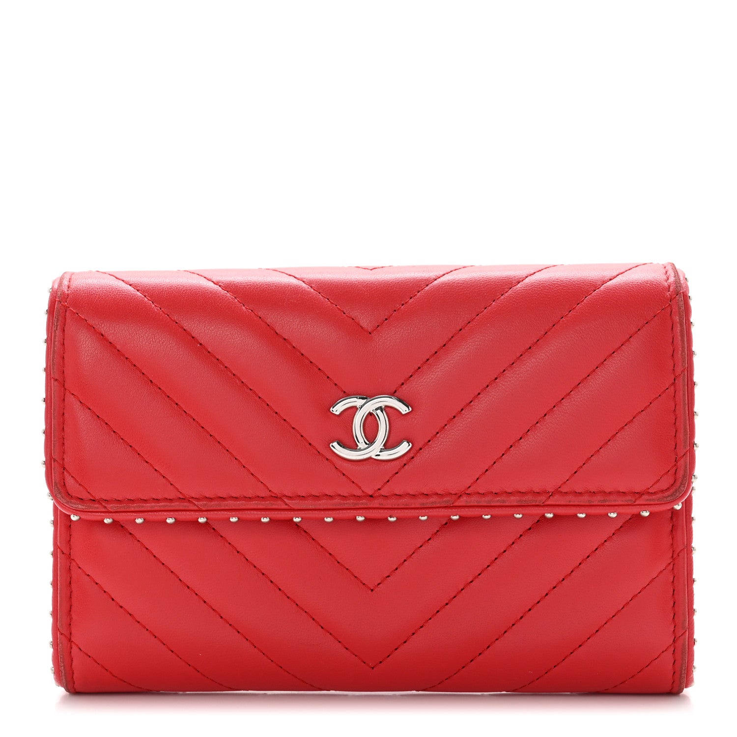 Chanel Lambskin Chevron Quilted Studded Card Holder Red 1 of 9