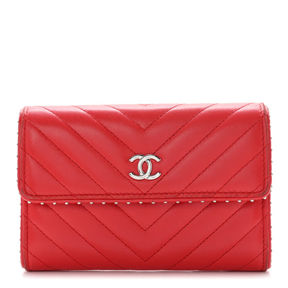 Chanel Lambskin Chevron Quilted Studded Card Holder Red 1 of 9