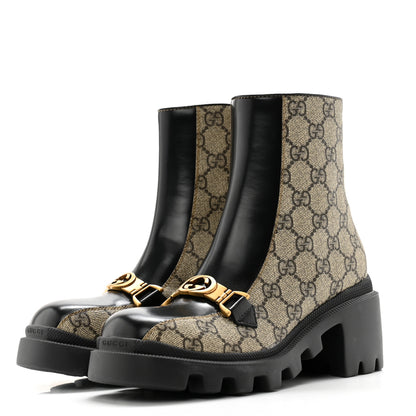 Gucci GG Supreme Monogram Magnum Calfskin Interlocking G Womens Lug Sole Ankle Boots 35 Beige Ebony Black 3 of 10