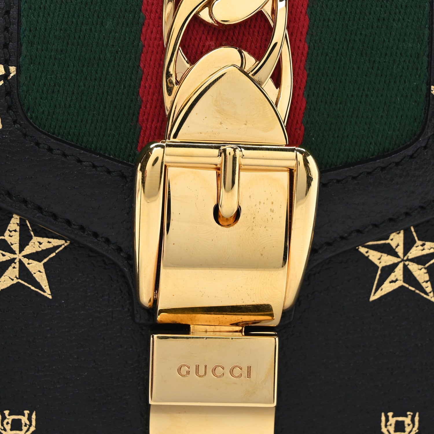 Gucci Textured Calfskin Bee Star Print Mini Sylvie Top Handle Bag Black 9 of 11