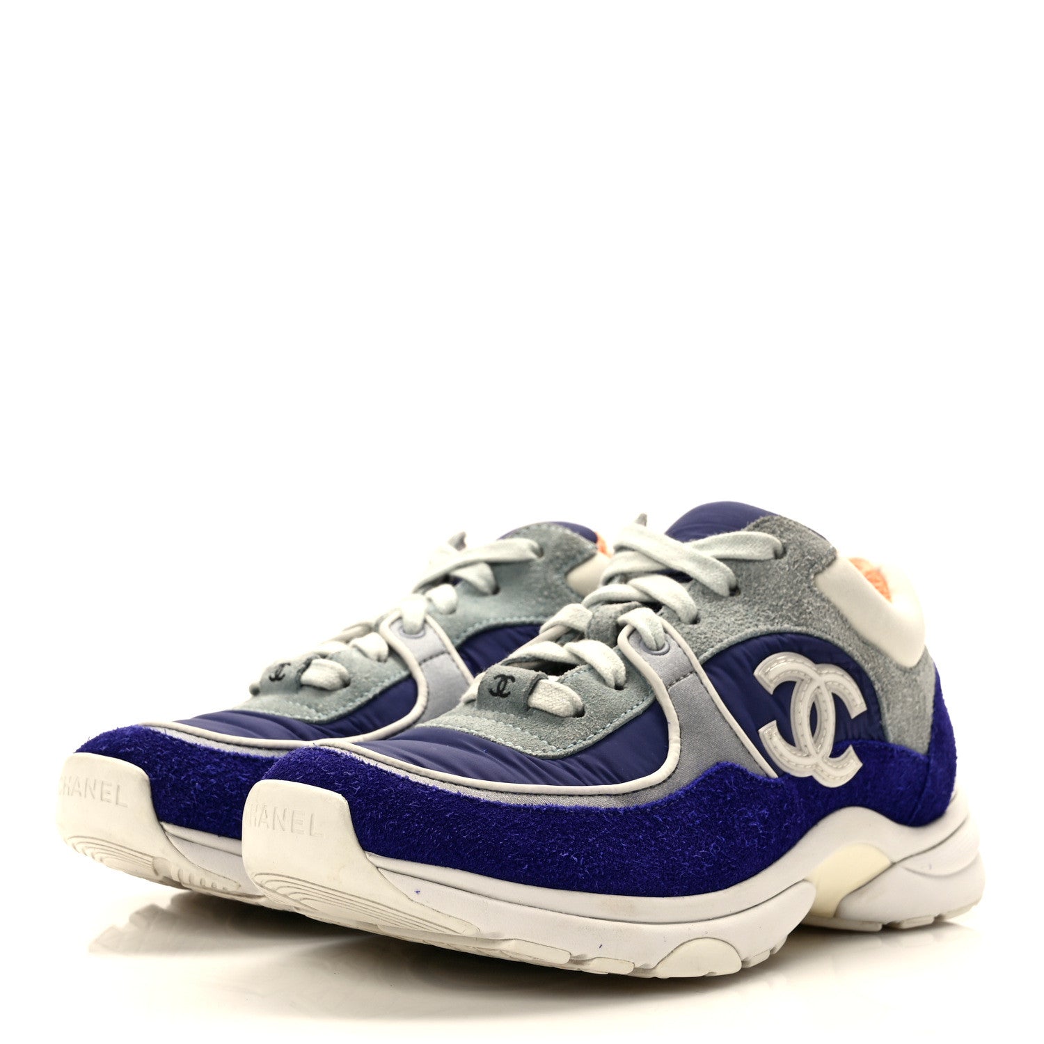 Chanel Nylon Lambskin Suede Calfskin Womens Logo Sneakers 36 Blue White 3 of 8