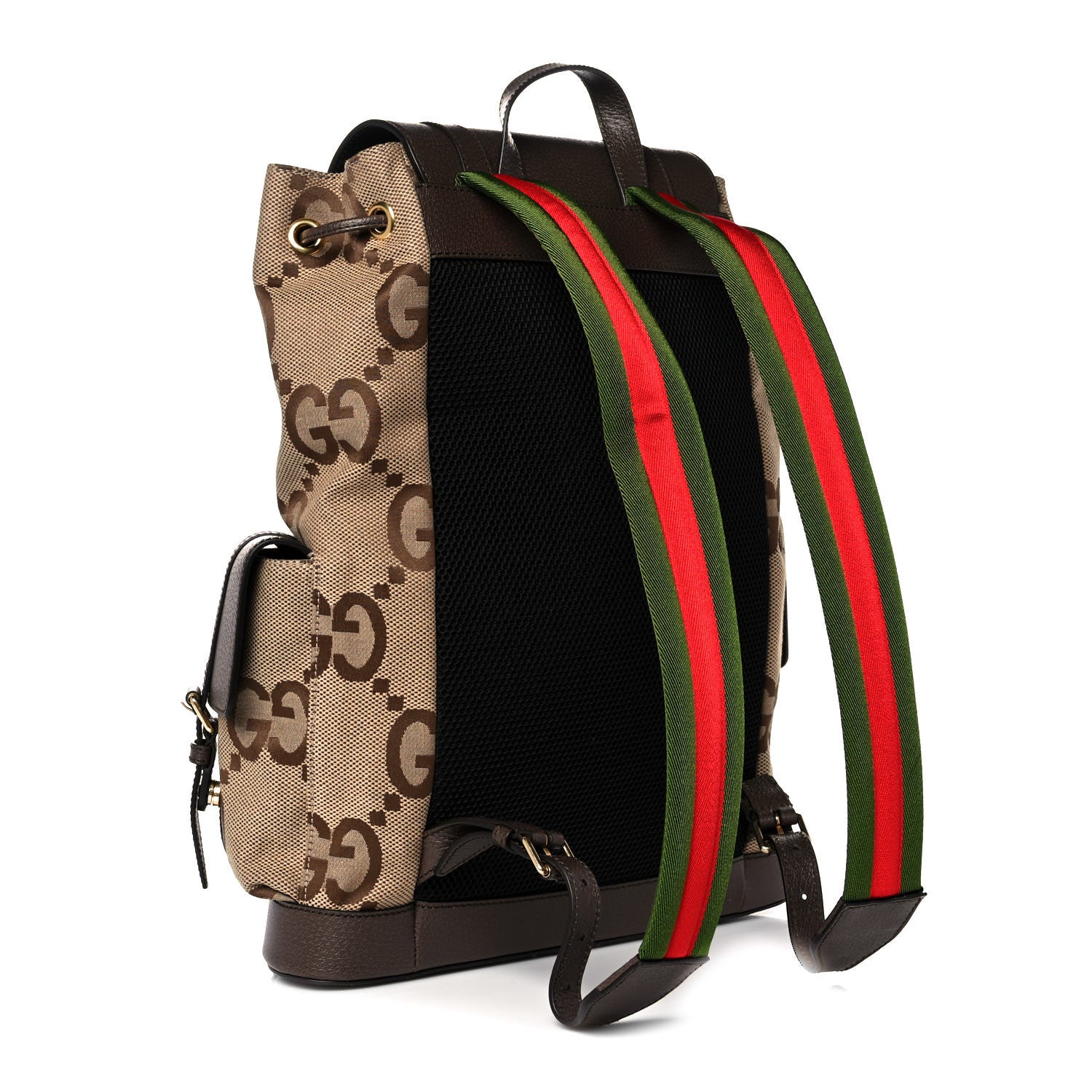 Gucci Monogram Jumbo GG Textured Dollar Calfskin Web Double Buckle Backpack Camel Ebony New Acero 2 of 8