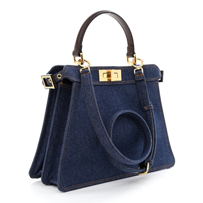 Fendi Denim Fabric Jacquard Cuoio FF 1974 Medium Peekaboo I SEE U Satchel Blue Tobacco Moro 3 of 11