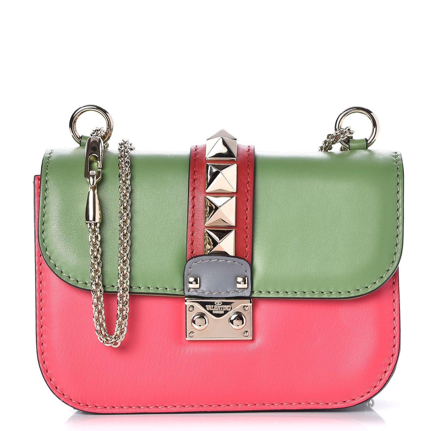 Vitello Small Glam Lock Rockstud Flap Green Deep Rose Grey Scarlet