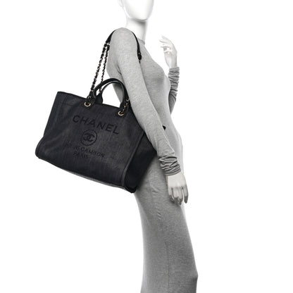 Chanel Mixed Fibers Calfskin Striped Medium Deauville Tote Black Black 2 of 12
