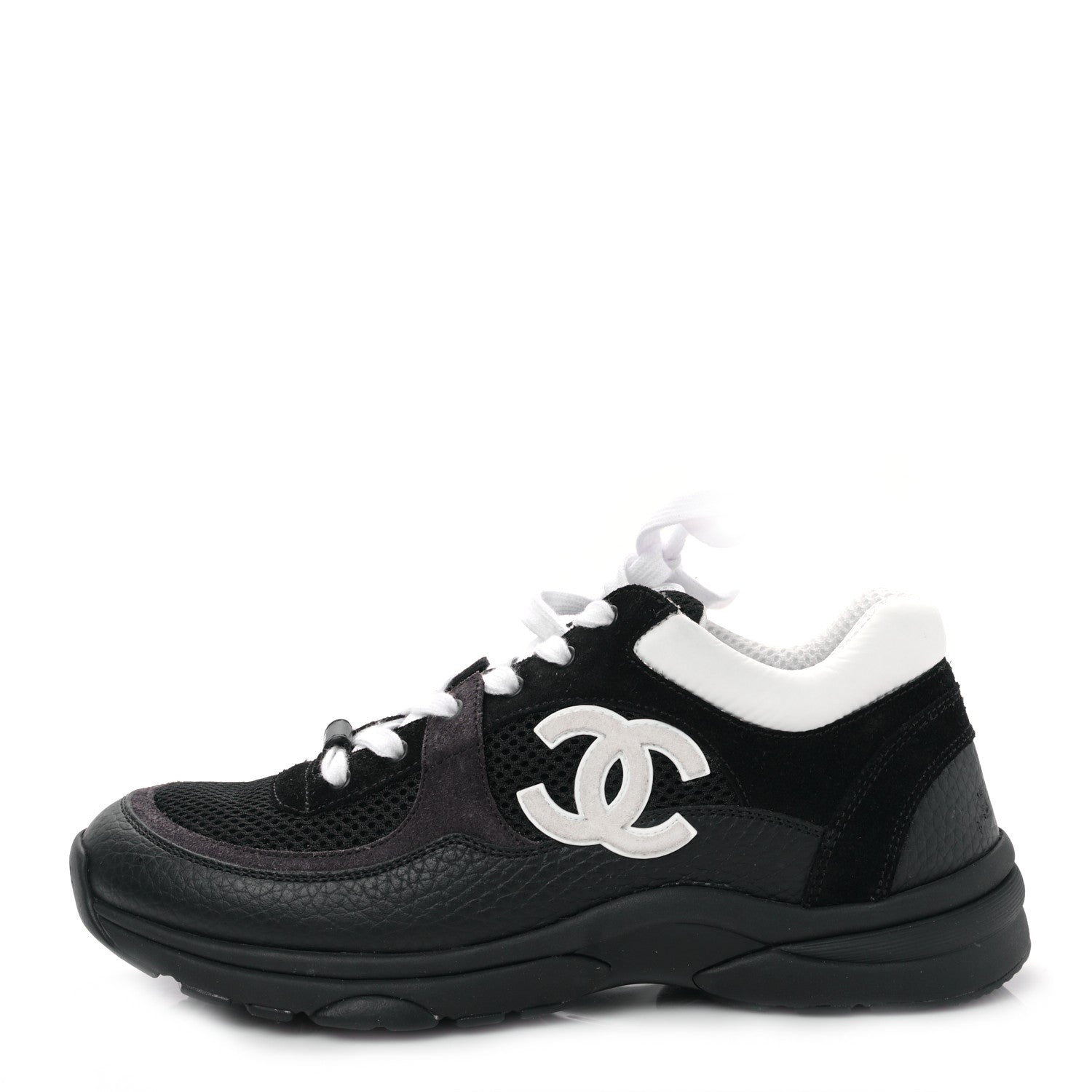 Chanel Mesh Suede Grained Calfskin Womens CC Sneakers 38.5 Black White 1 of 9