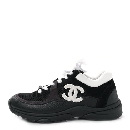 Chanel Mesh Suede Grained Calfskin Womens CC Sneakers 38.5 Black White 1 of 9