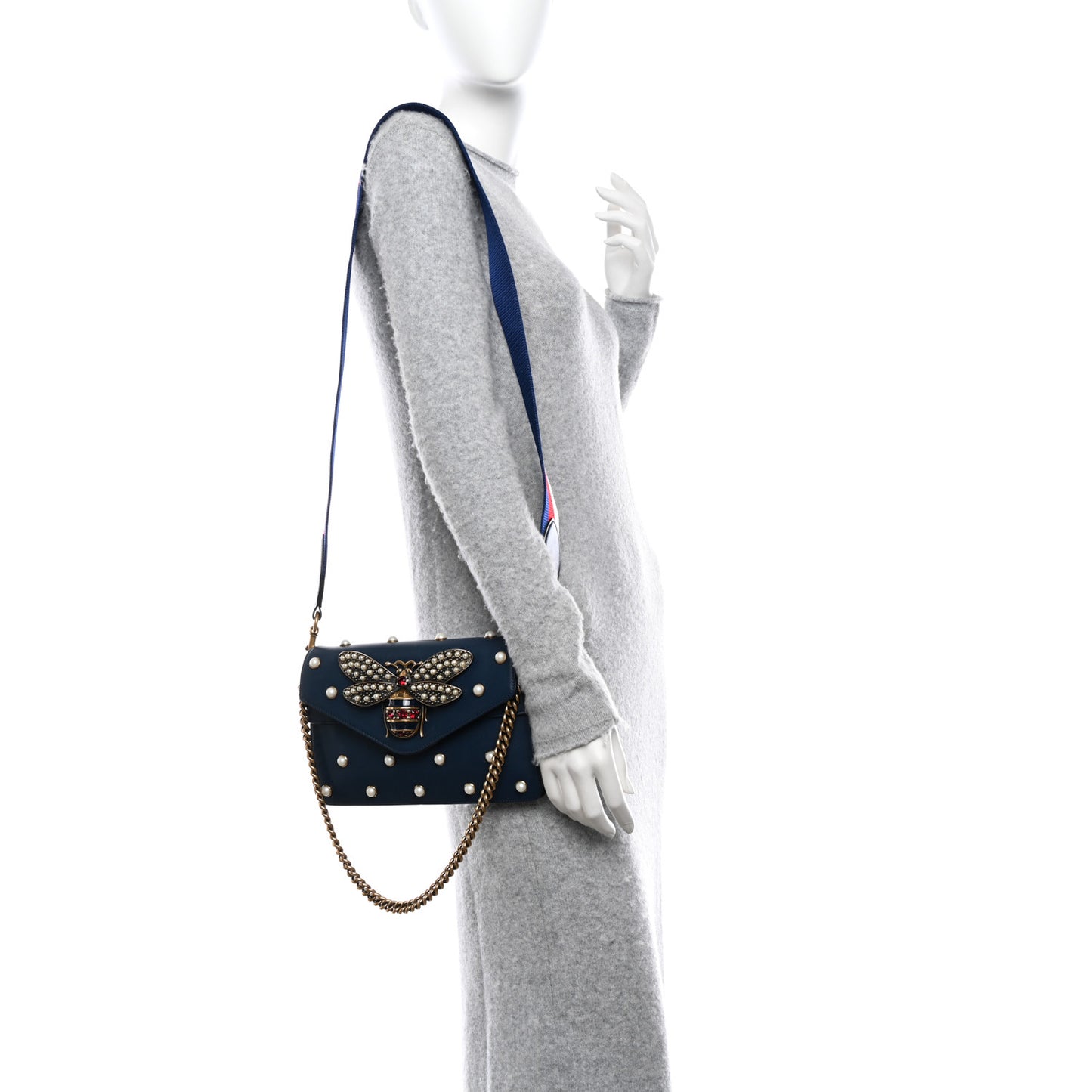 Nappa Pearl Studded Mini Queen Margaret Broadway Shoulder Bag Blue Agata
