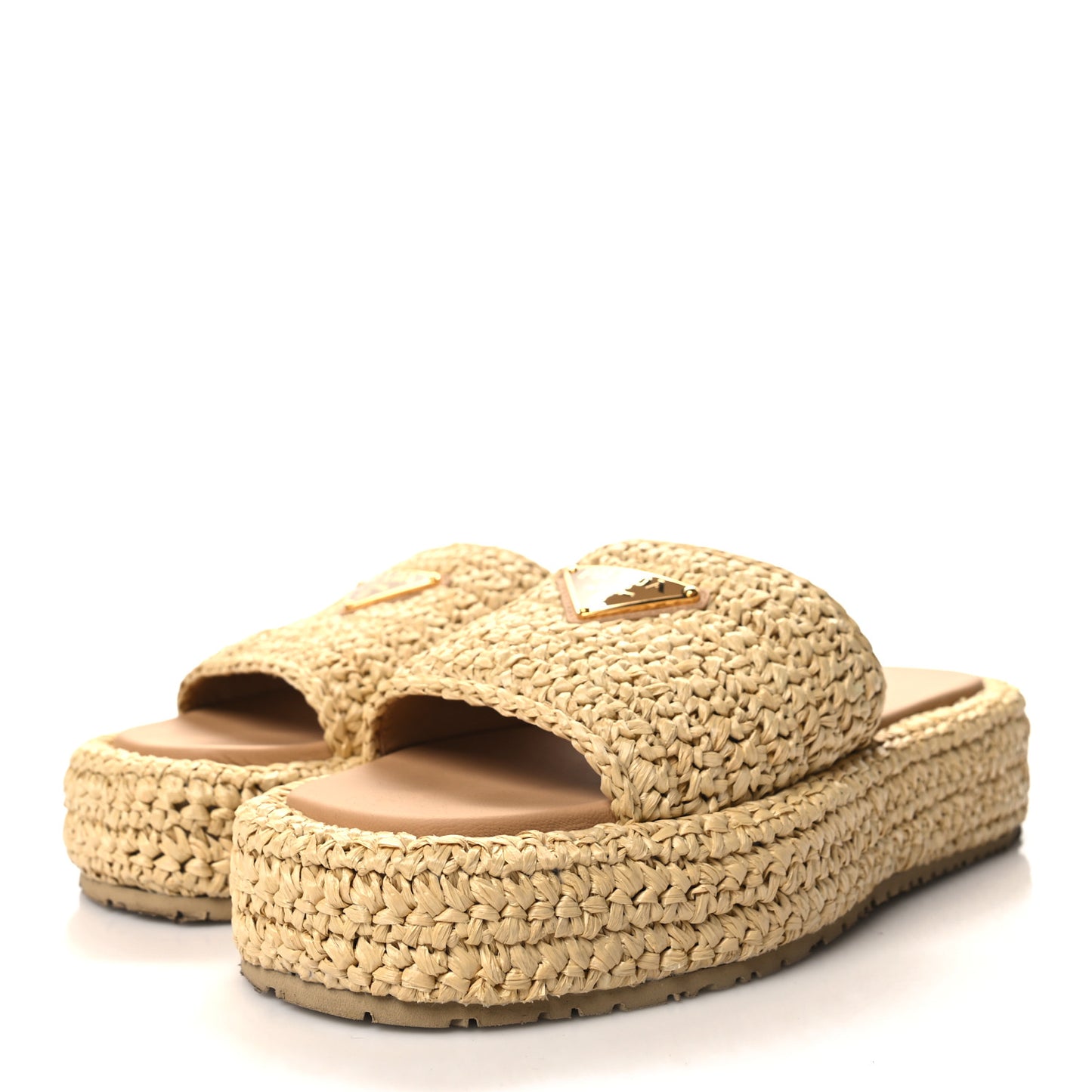 Raffia Metal Triangle Logo Woven Flatform 35mm Slide Sandals 37 Naturale