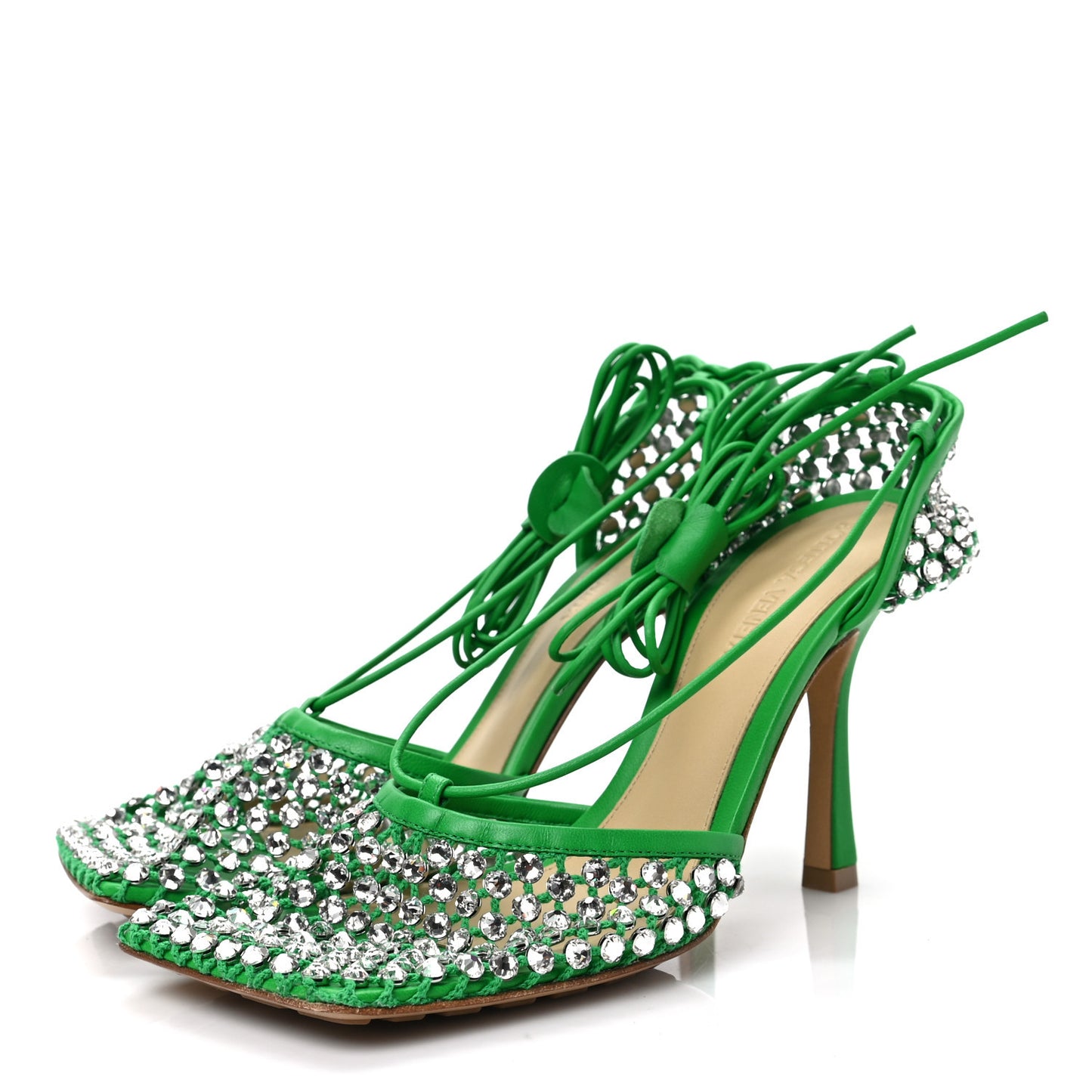 Mesh Nappa Crystal Embellished Sparkle Stretch Ankle Tie Sandals 38.5 Parakeet