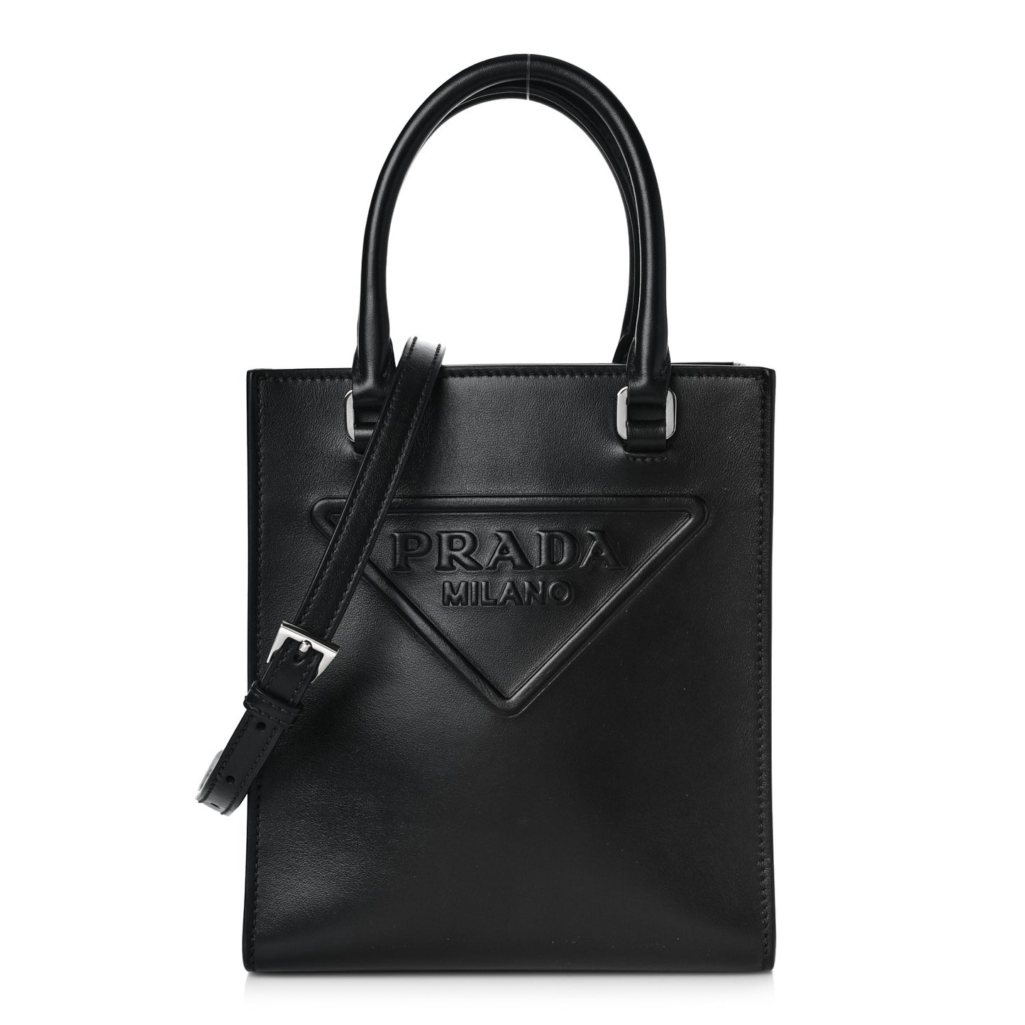 Soft Calfskin Triangle Logo Embossed Small Double Handle Crossbody Tote Black