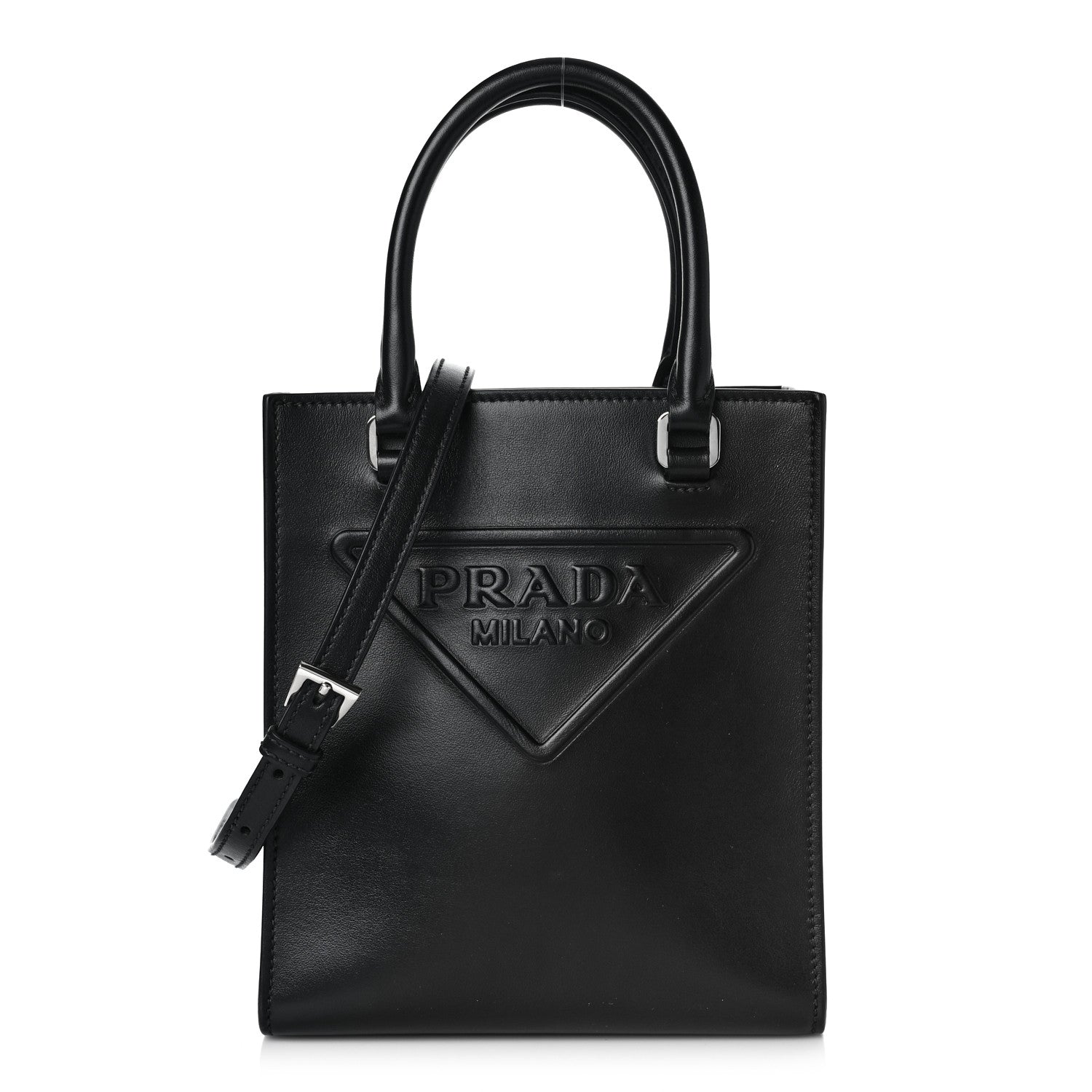 Prada Soft Calfskin Triangle Logo Embossed Small Double Handle Crossbody Tote Black 1 of 9