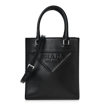 Prada Soft Calfskin Triangle Logo Embossed Small Double Handle Crossbody Tote Black 1 of 9