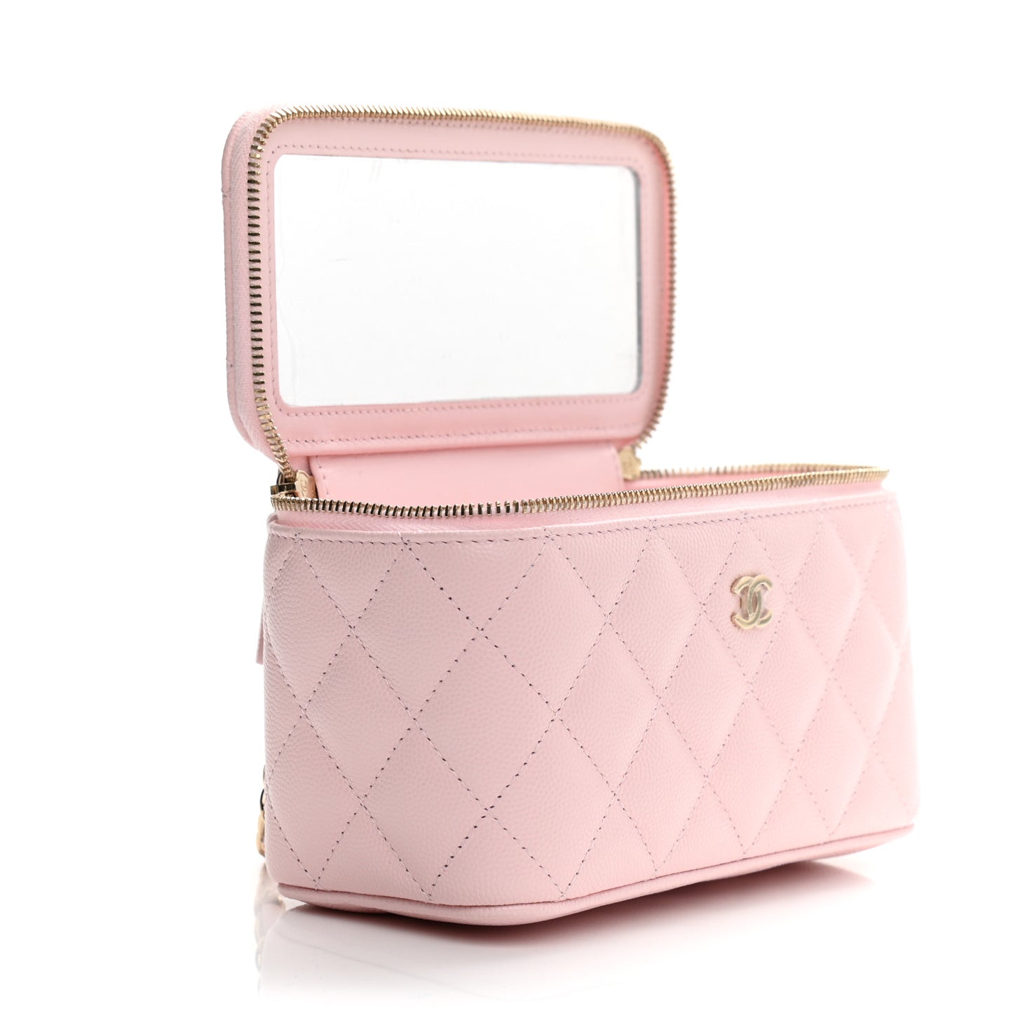 Caviar Quilted Small Vanity Case With Chain Light Pink