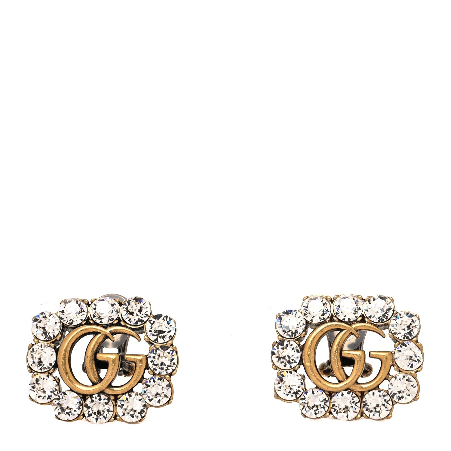Gucci Metal Crystal Double G Clip On Earrings Aged Gold 1 of 4