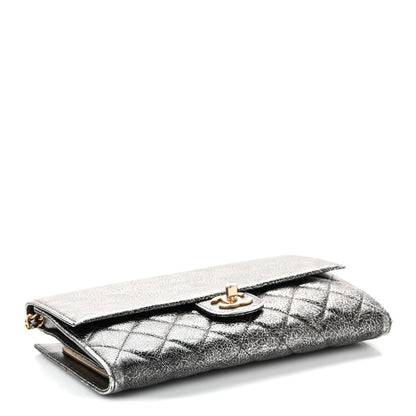Chanel Cracked Metallic Calfskin Quilted Zip Away Chain Clutch Dark Silver 4 of 9