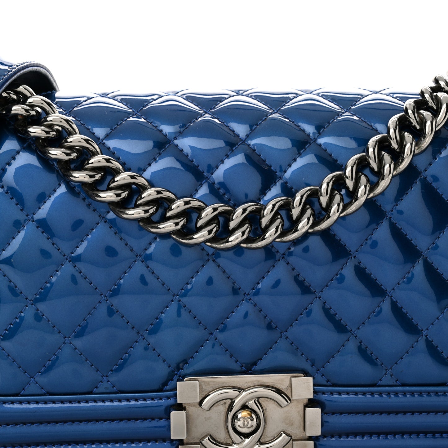 Metallic Patent Quilted Medium Boy Flap Blue